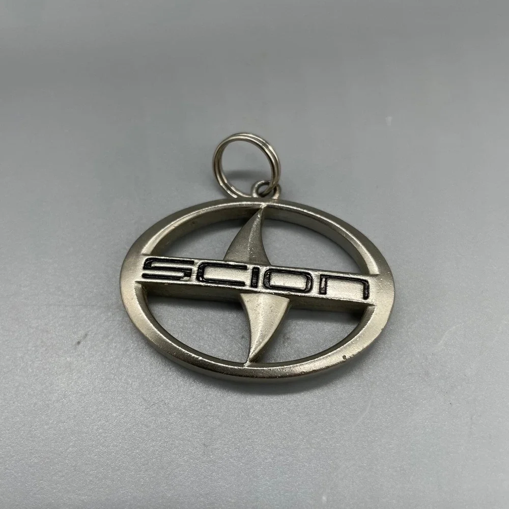 Scion Logo Keychain Pendant Silver Tone Metal Car Enthusiast Key Ring Charm